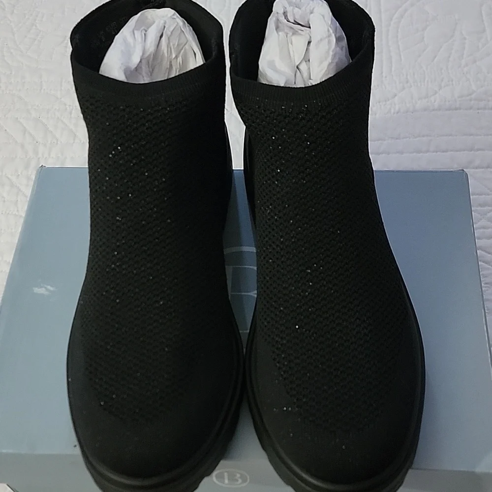 LifeStride Bzees May Black Knit Ankle Boots Shimmery 10 Wide NIB